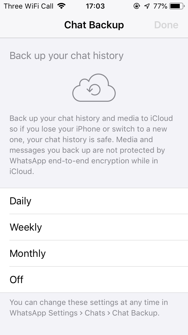 Screenshot of WhatsApp asking whether to enable cloud backups